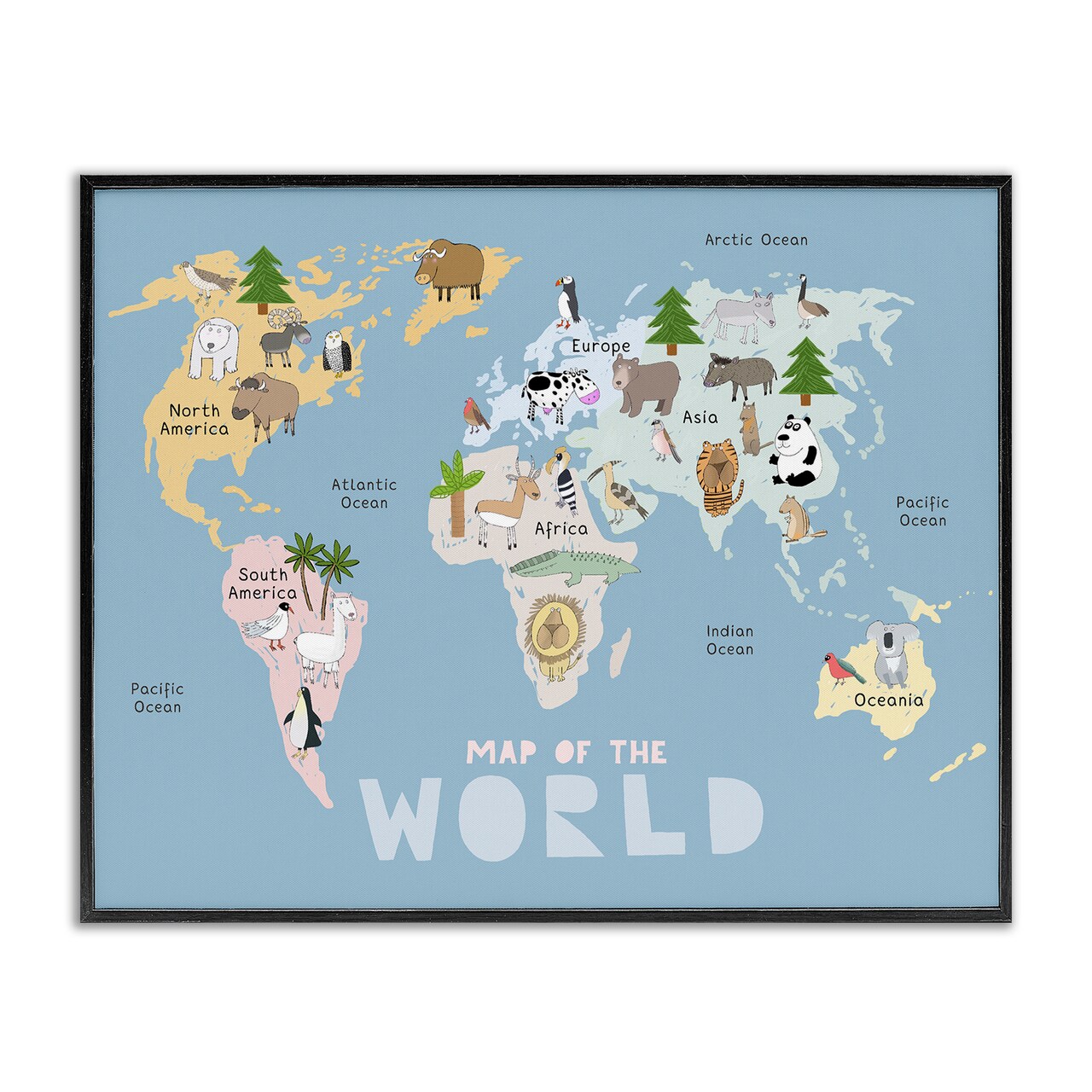 Stupell Industries Kid's Map Of World Blue Framed Giclee, design by Carla Daly
